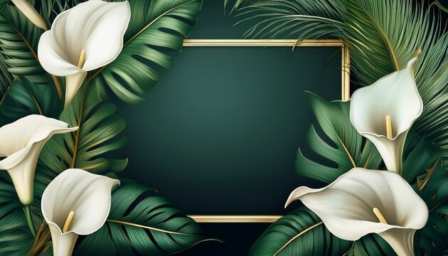 luxury tropical botanical frame with palm leaves monstera white calla lilies and exotic green foliage