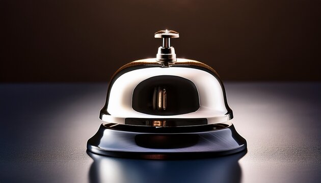a shiny metallic service bell with a push button on top reflecting light against a dark smooth background