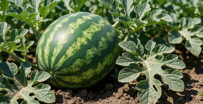 Large striped watermelon grows in farm field under summer sun. Green fruit matures on soil among rich leaves. Organic agriculture production of juicy melon in rural garden. Fresh seasonal harvest