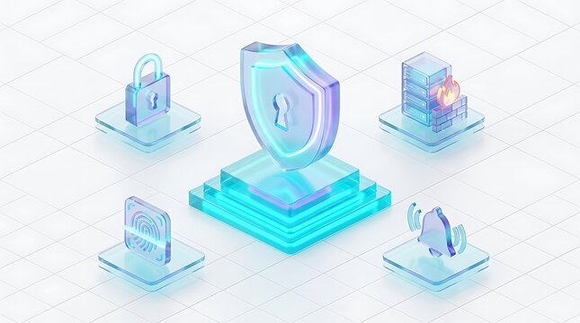 3D render of cyber security icons set featuring a central shield with a keyhole surrounded by a digital padlock server firewall and fingerprint