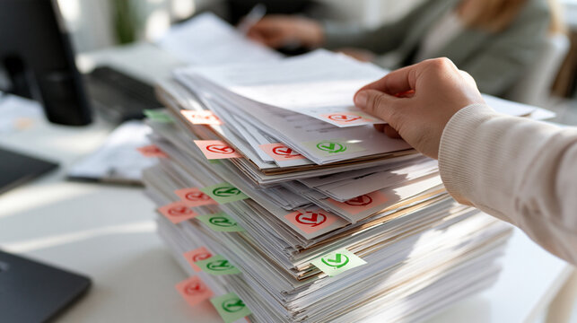 Bright office still life of a large stack of request for quotation folders on a white desk marked with red and green check mark labels for review status a hand in a light sleeve