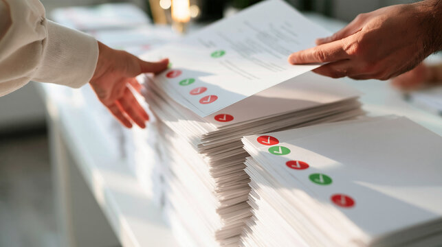 Bright office still life of a large stack of request for quotation folders on a white desk marked with red and green check mark labels for review status a hand in a light sleeve