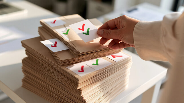 Bright office still life of a large stack of request for quotation folders on a white desk marked with red and green check mark labels for review status a hand in a light sleeve