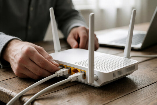 Man connects ethernet cables to white wireless wifi router on wooden desk. Person sets up home network hardware near laptop for high speed internet access. Technician installs broadband modem to