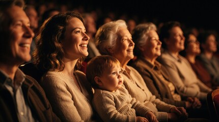 Fototapeta premium Multi-generational family enjoys live performance in theater seats. People watch stage show, excited toddler sits with grandma and parents. Audience smiles, experiences cultural event.