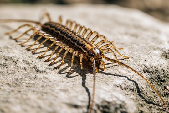 Macro shot of house centipede walking on stone surface. Large scutigera coleoptrata insect many long legs, long antennae. Creepy arthropod predator crawls through outdoor environment. Close up view