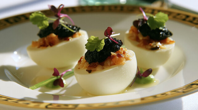 Gourmet deviled eggs topped with black caviar, microgreens, and a savory filling, presenting elegant fine dining appetizers