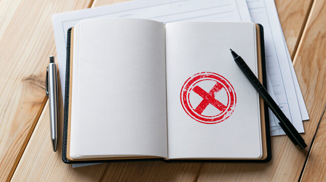 Bright top down still life of an open blank passport booklet on a pale wooden desk marked with a large red rejection stamp pen and plain travel documents beside it clean