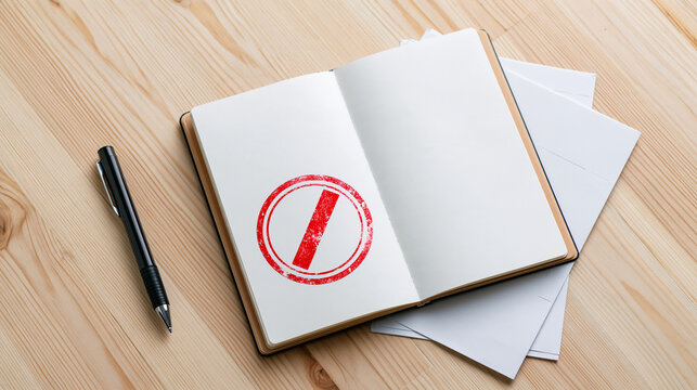 Bright top down still life of an open blank passport booklet on a pale wooden desk marked with a large red rejection stamp pen and plain travel documents beside it clean