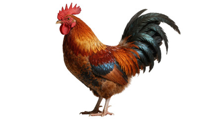 Majestic rooster with vibrant red comb and iridescent tail feathers, isolated on transparent background © UTOPIA