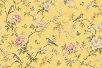 Obraz na płótnie Canvas Vintage floral wallpaper with birds and butterflies on a yellow background.