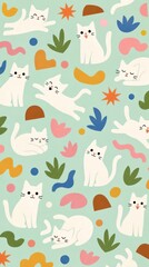 Obraz premium Playful white cats and colorful shapes on a mint background mobile wallpaper.