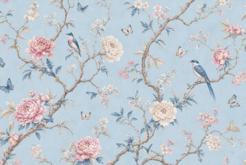 Plakat Elegant floral wallpaper with birds and butterflies on a blue background.