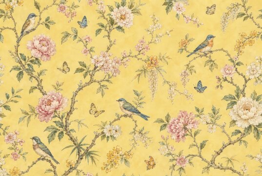 Vintage floral wallpaper with birds and butterflies on a yellow background.