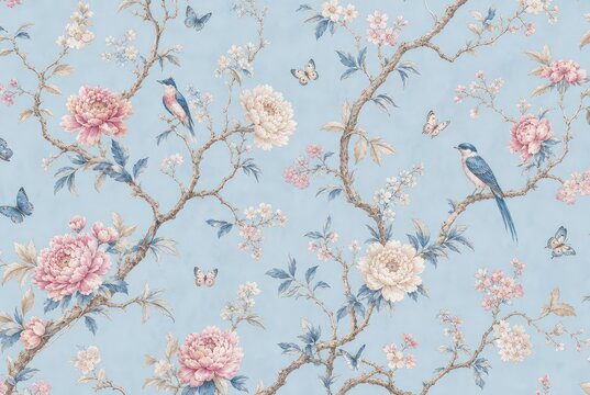Elegant floral wallpaper with birds and butterflies on a blue background.