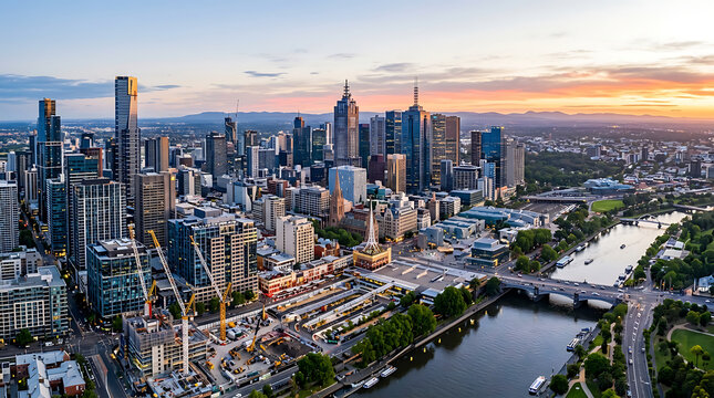 Aerial view of Melbourne skyline cityscape during sunset golden hour with skyscrapers, Yarra River, construction cranes, and modern urban architecture