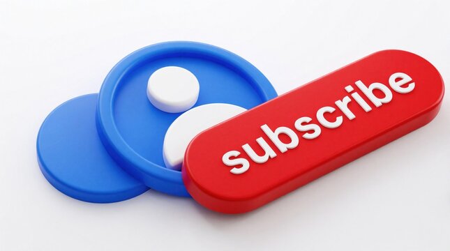 3D render shows user icon with red subscribe button. Minimalist blue and white interface element signifies online engagement for web or app content. Call to action for followers.