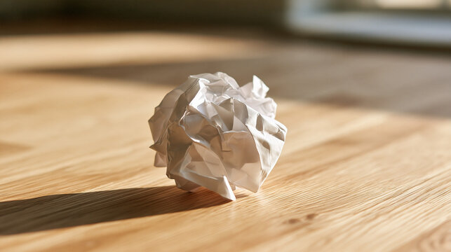 Bright still life of a single crumpled white paper sheet lying on a light wooden desk soft daylight from a nearby window clean minimal composition crumpled paper discarded