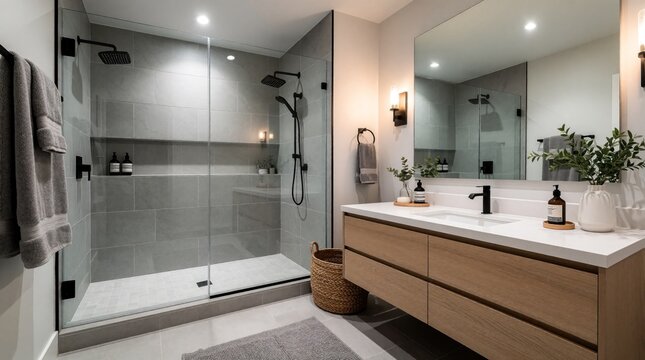Modern bathroom features glass walk-in shower, wood vanity with double drawers, sleek black fixtures and large mirror. Clean, minimalist design creates a spa-like retreat for relaxation and self-care.