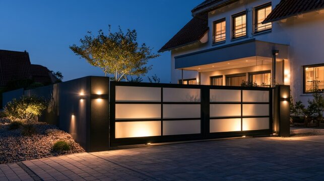 Contemporary lit entrance gate with warm ground level uplighting