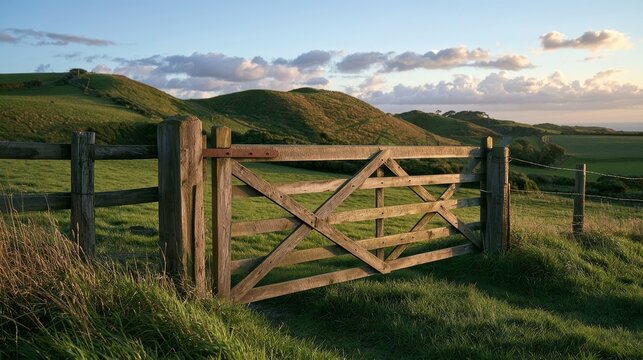 Aged timber farm gate with rusted hinges in golden evening light