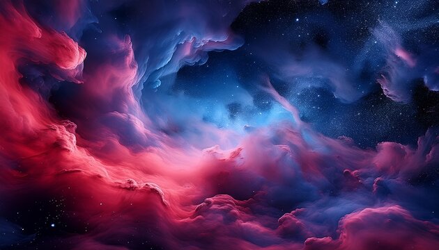 abstract swirling clouds of vibrant red and deep blue hues creating a dramatic and ethereal cosmic nebula background