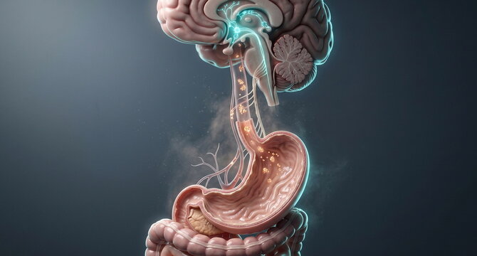 Digestive brain axis appetite regulation with stomach, hormone signaling, and hypothalamus response to fullness cues