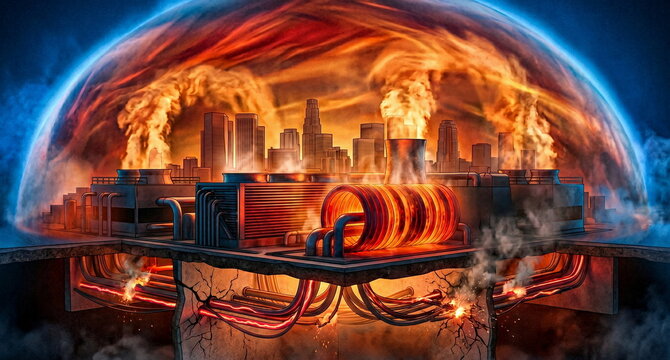 City cooling system overwhelmed by a heat dome, with glowing condenser coils, recirculating exhaust, and a cracked power grid under thermal stress.