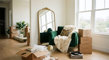 Fototapeta premium Stylish move-in apartment with stacked boxes, velvet armchair, gold mirror, and oversized faux-fur throw.