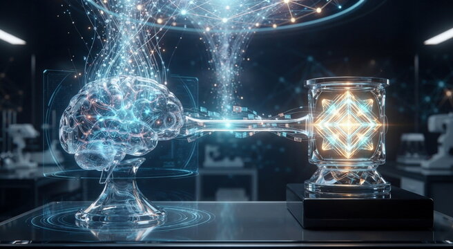 Crystal brain chamber linking neurons to an algorithmic core, with ascending data particles and equilibrium beam symbolizing ai confidence, learning, and self efficacy.