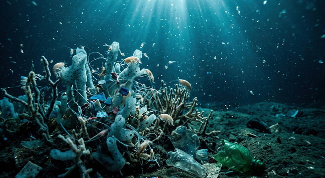 Deep ocean trench biodiversity with microplastics, bottle fragments, synthetic fibers, plankton, amphipods, and translucent larvae