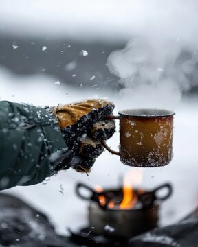 Gloved hand holding a steaming enamel mug over a camp stove in snowy outdoors for winter beverage background banner