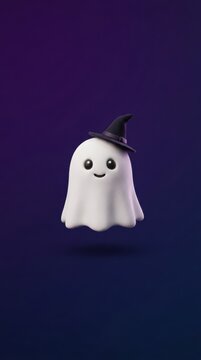 3d cute ghost character wearing a witch hat floating against a dark purple background