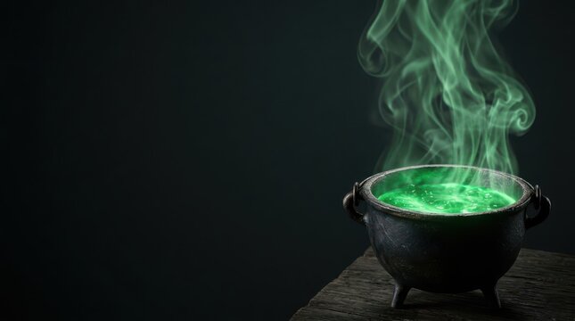 Black iron cauldron with bubbling green magic potion and mystical smoke on a wooden surface