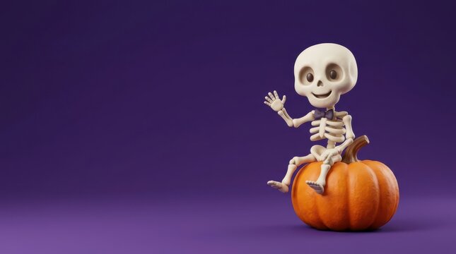 Cute cartoon skeleton with a bow tie waving while sitting on a pumpkin against a purple background