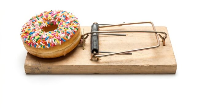 Colorful sprinkled donut placed on wooden mousetrap, white background. For world diabetes day horizontal banner and poster design