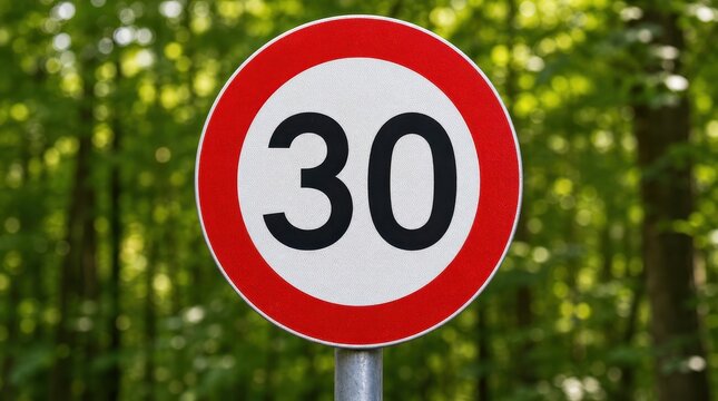 Speed limit 30 sign in a green forest with natural daylight. Perfect for traffic safety and regulatory advertising concepts.