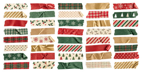 Collection of Christmas washi tape strips with festive patterns and textures, realistic adhesive masking tape isolated on transparent background for holiday design projects © Vinay