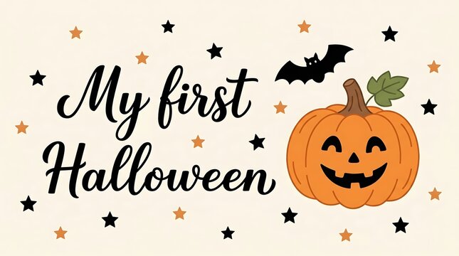 My first halloween greeting card with a cute smiling pumpkin and a black bat isolated on white background