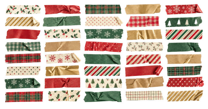 Collection of Christmas washi tape strips with festive patterns and textures, realistic adhesive masking tape isolated on transparent background for holiday design projects