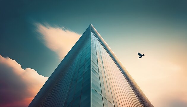 modern architecture skyscraper facade corner with vertical glass under sky featuring bird for minimalism inspired corporate background