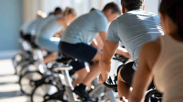 Rear view of a spin class in a bright studio with rows of stationary bikes and riders in light activewear pedalling in unison backs to the camera pale walls clean floor and