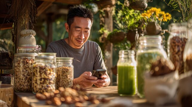Man using phone at rustic market table with jars of nuts and green juice for organic food stall promotional design