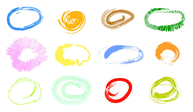 Set of hand-drawn circular frames, scribbles, and brush stroke highlights in various vibrant colors on a black background