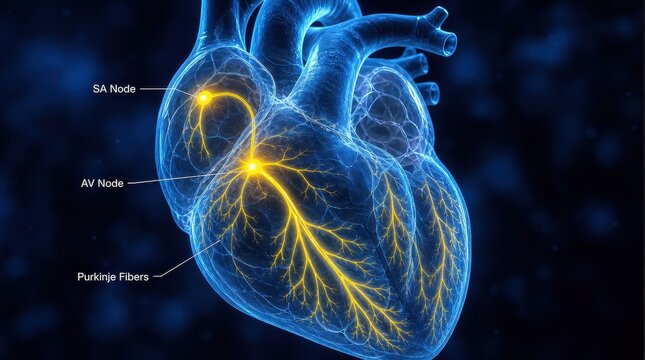 A 3D medical rendering showcasing the human heart conduction system with glowing electrical pathways. Ideal for cardiology education and medical research presentations.