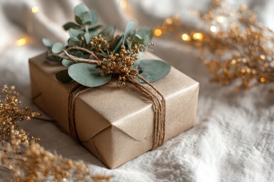 Kraft gift with twine and eucalyptus with warm bokeh lights for christmas and new year holiday background and festive styling