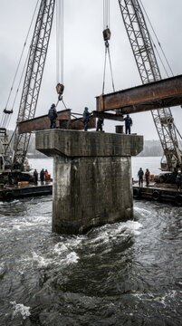 Heavy bridge pier construction over turbulent water with cranes and workers for industrial banner background and engineering design