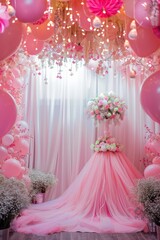 Naklejka premium Elegant quinceañera celebration with pink floral decor and balloons for 15th birthday party. Copy space