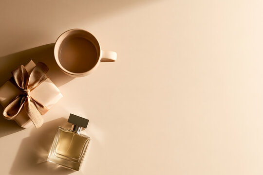 Perfume, Coffee and Gift Box with Copy Space for Singles Day Self Gifting Campaign