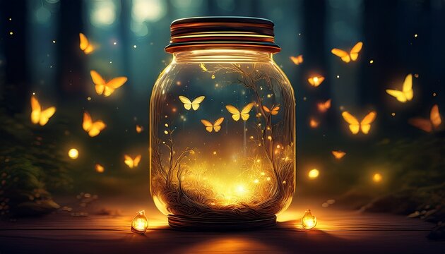glowing firefly jar casting warm light